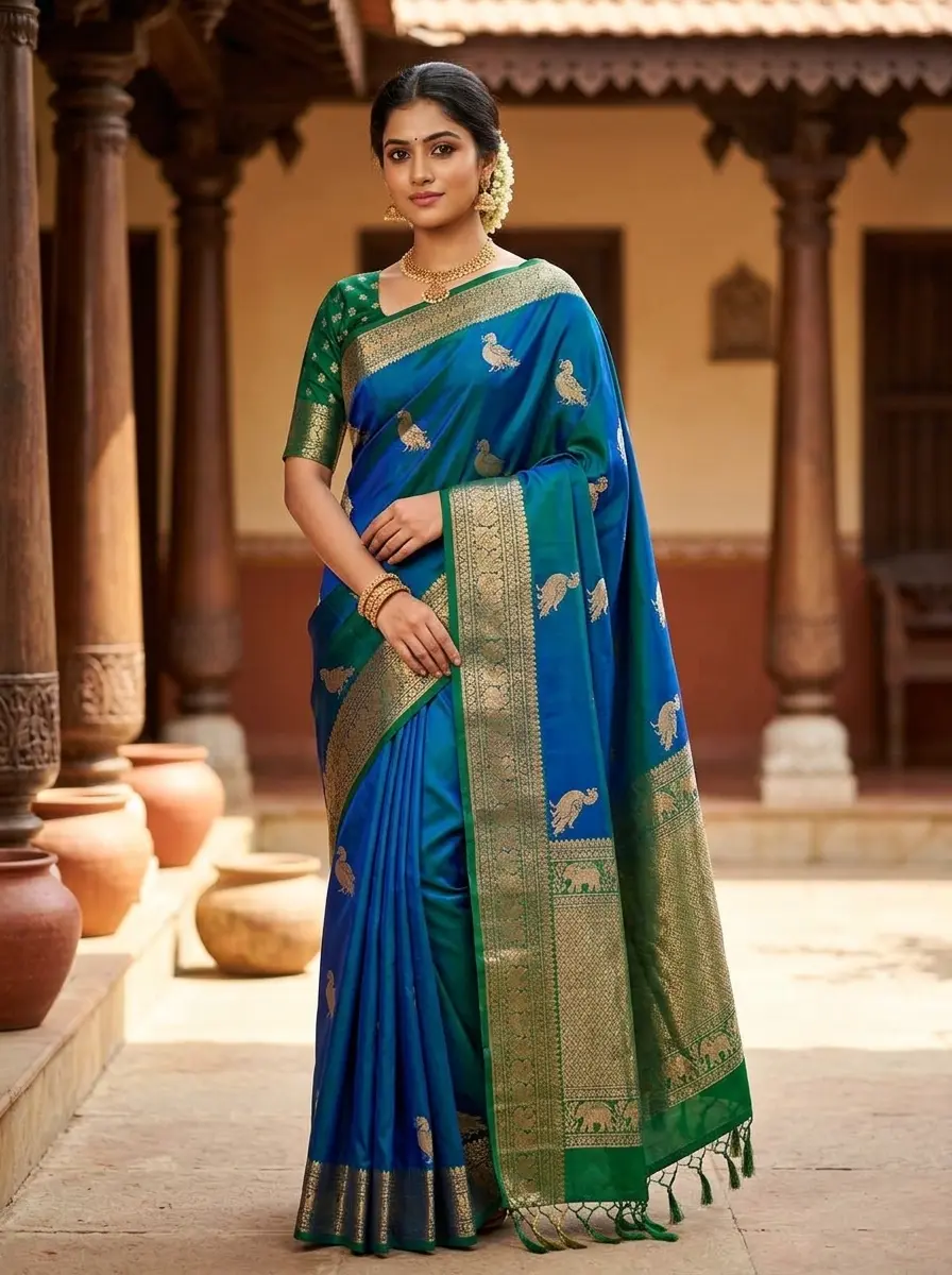 Peacock Blue and Green Contrast Border Designer Silk Saree with Rich Pallu
